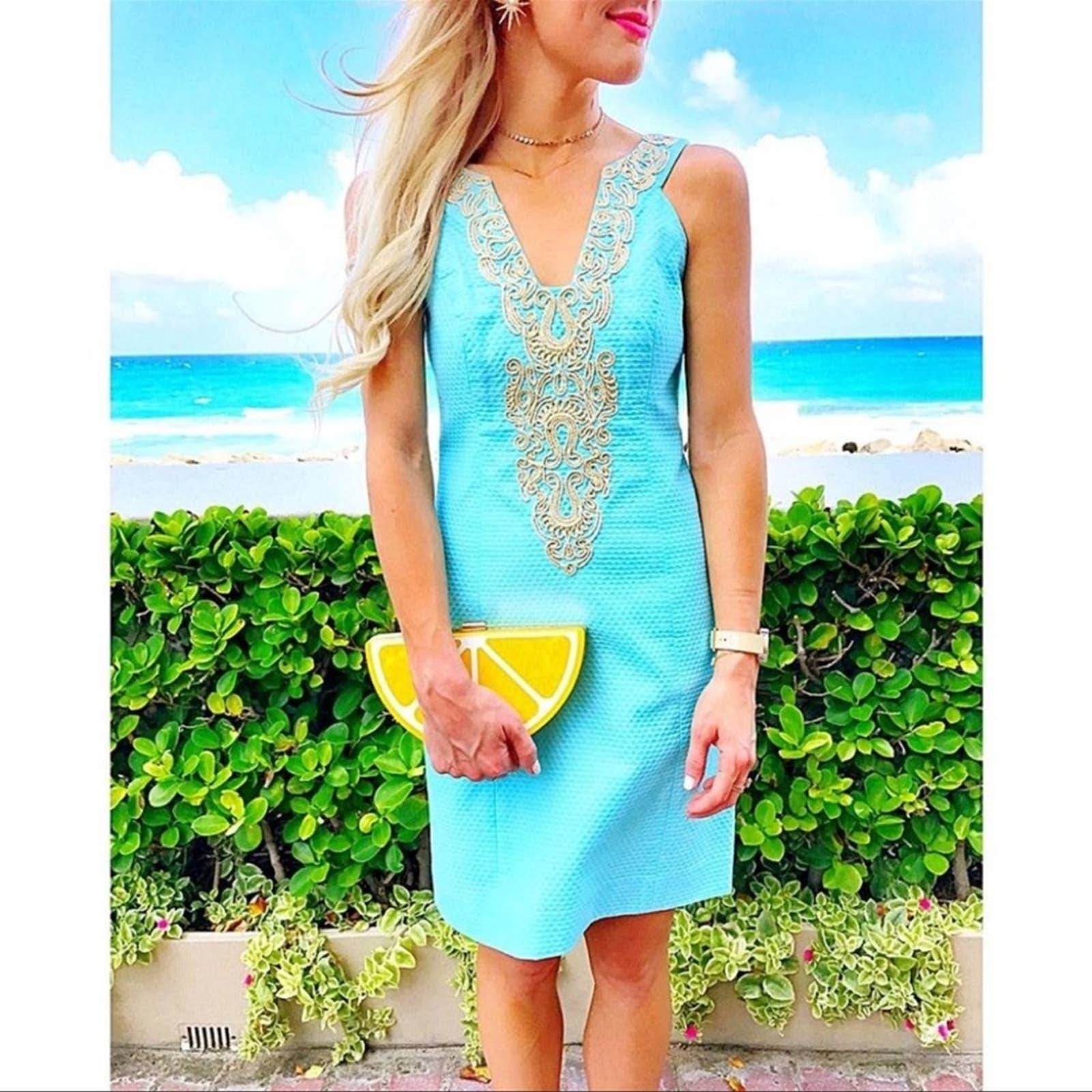 $198 Lilly Pulitzer Suzette Serene Blue Metallic Gold Corded Detail Shift Dress $198 Lilly Pulitzer Suzette Serene Blue Metallic Gold Corded Detail Shift Dress