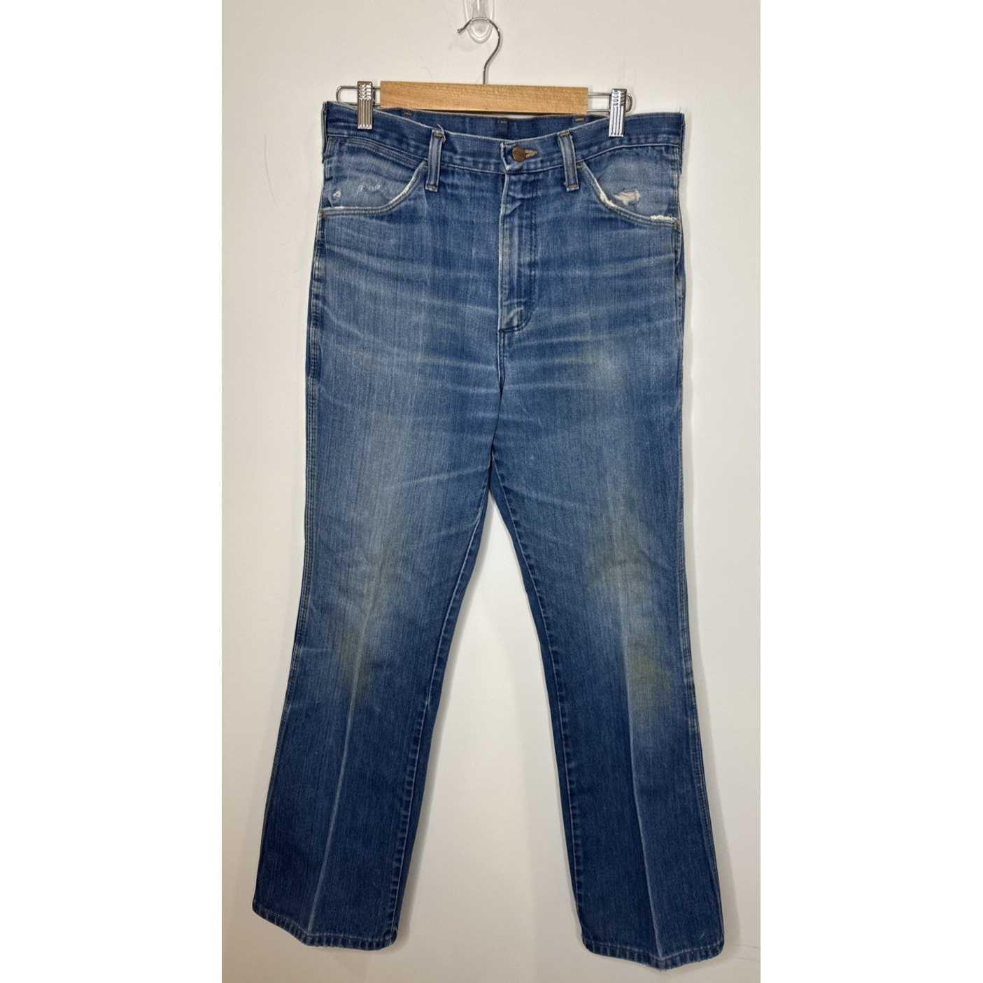True Vintage WRANGLER No Fault Jeans Mens 34X32 70s Distressed Bootcut Denim USA