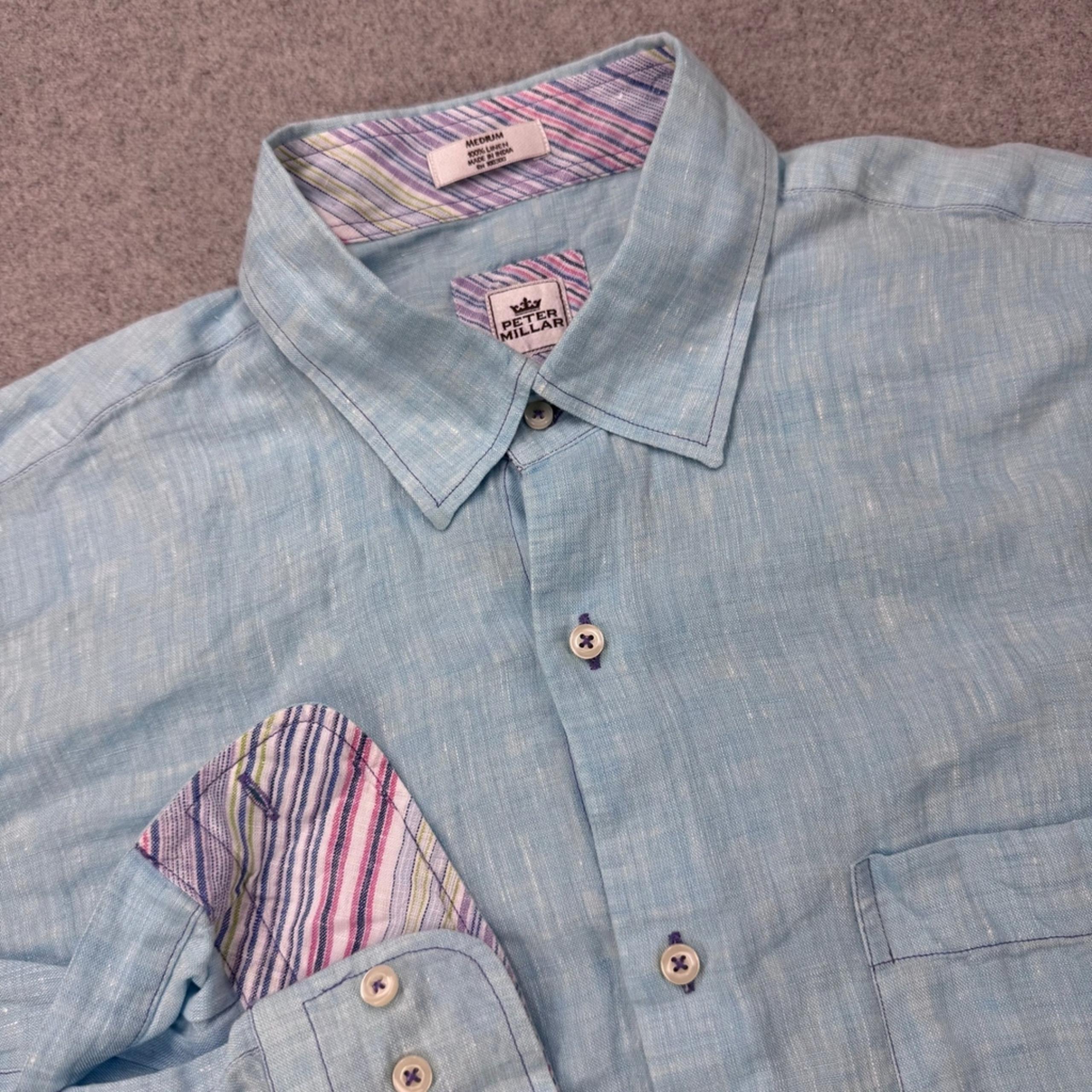 Peter Millar Seaside 100% Linen Shirt Mens M Pop Cuff Contrast Trim Beach Wear