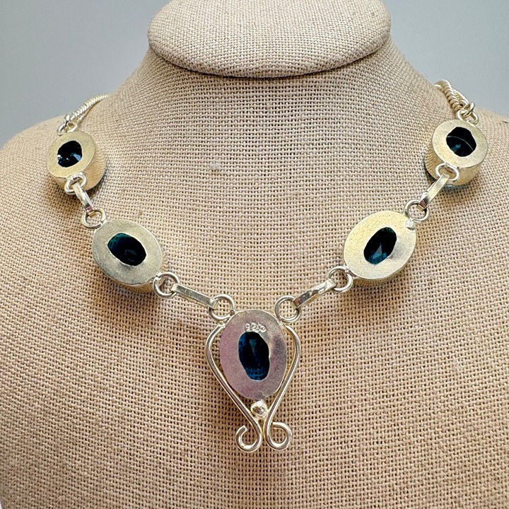 VTG Sterling Silver 925 Dark Blue Topaz Station Necklace