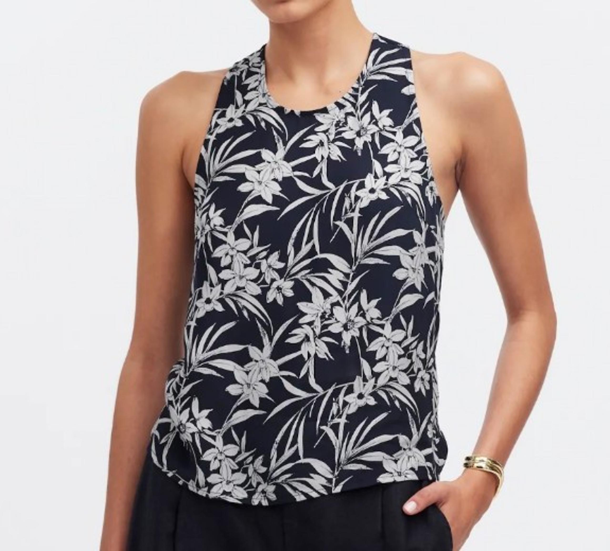 Crisscross-Back Sleeveless Top in Floral Cupro-Blend