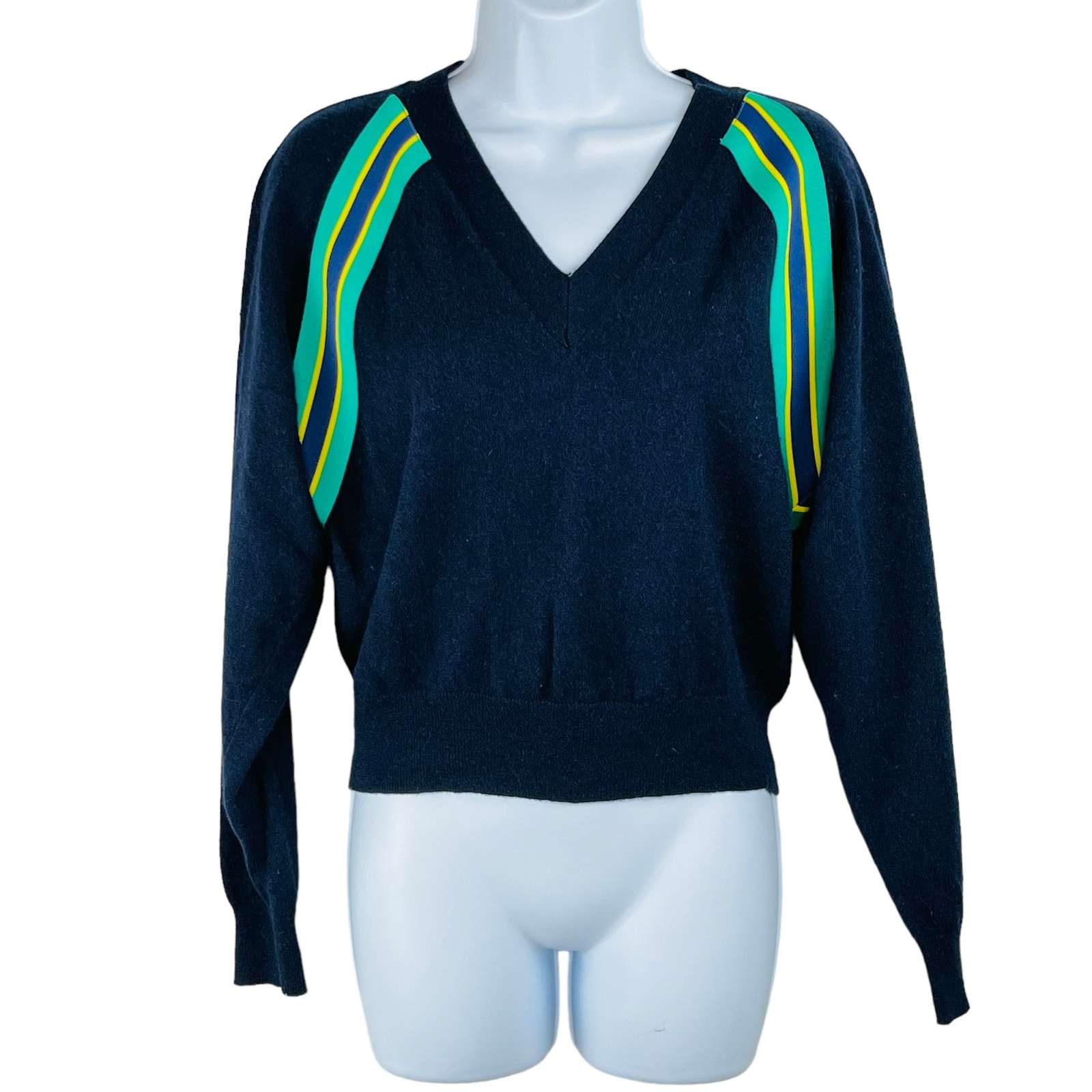 Sandro Alexandrie Stripe-Trim V-Neck Wool Cashmere Pullover Sweater Size 0 US 2