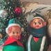 Lot of 3 vintage rubber elf head Christmas ornaments, setting on satin balls