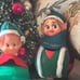 Lot of 3 vintage rubber elf head Christmas ornaments, setting on satin balls