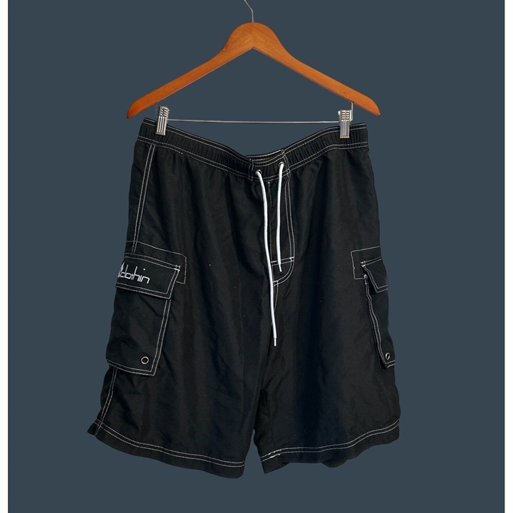 Clothin Mens 34 Black Cargo Swim Shorts With Pockets & Drawstring Waist