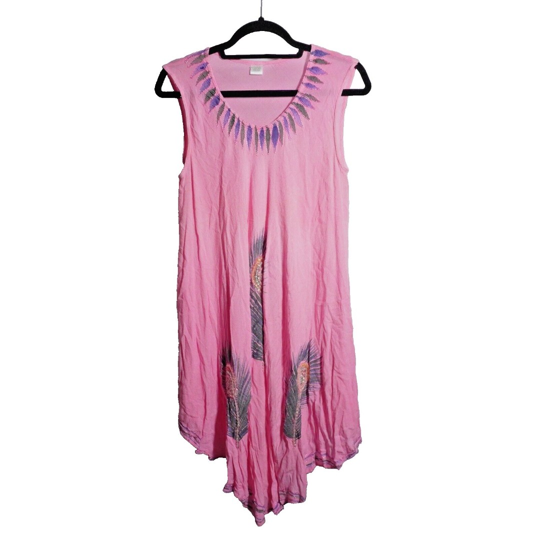 Pink Embroidered Peacock Feather Dress Crinkle Rayon Asymmetric Hem Boho India L