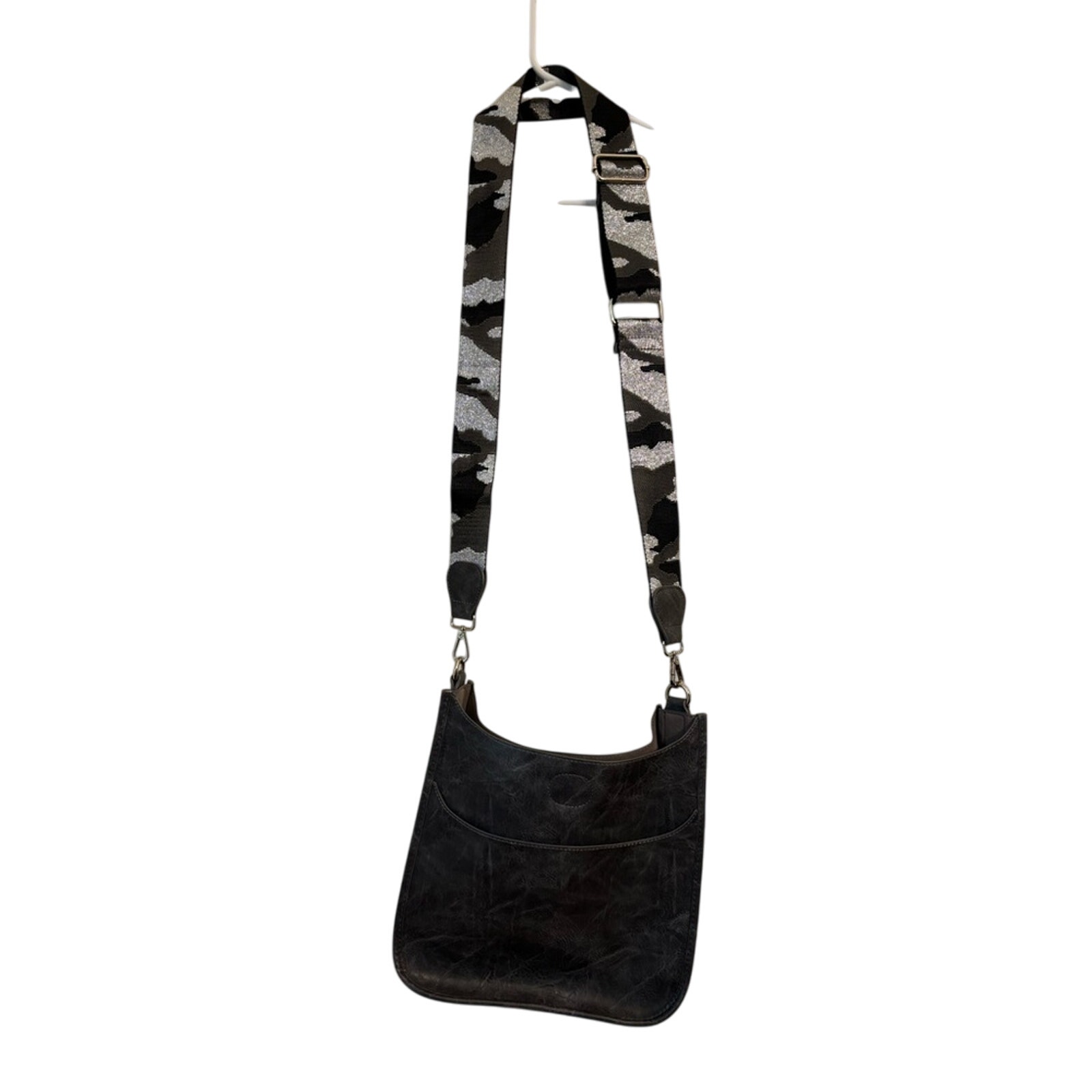 Ah-Dorned Gray Crossbody Vegan Leather Bag with Sparkly Gray Camo Strap