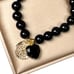 New Natural Black Onyx Beaded Stretch Bracelet Heart Coin Charm 18K Gold Plated