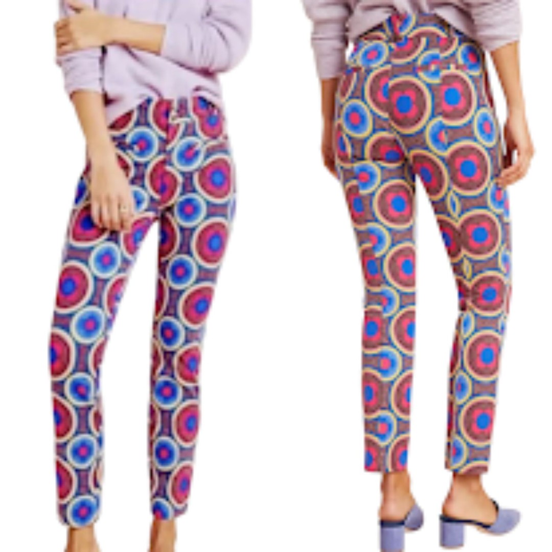 Anthropologie Essential Slim Pant 14 Retro Geometric Print Stretch Cotton Blend