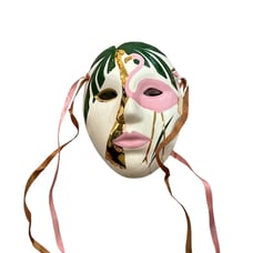 Ceramic Vintage Mardi Gras Flamingo Mask Signed J D Johnston Pink Green