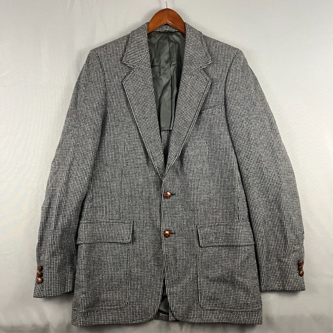 Union Made Big Tall John Weitz Mens Tweed Sport Coat Grey Herringbone Wool 44L?