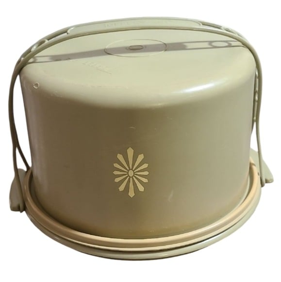 Vintage Tupperware Olive Green Cake Carrier Handle Lid Storage Transporting
