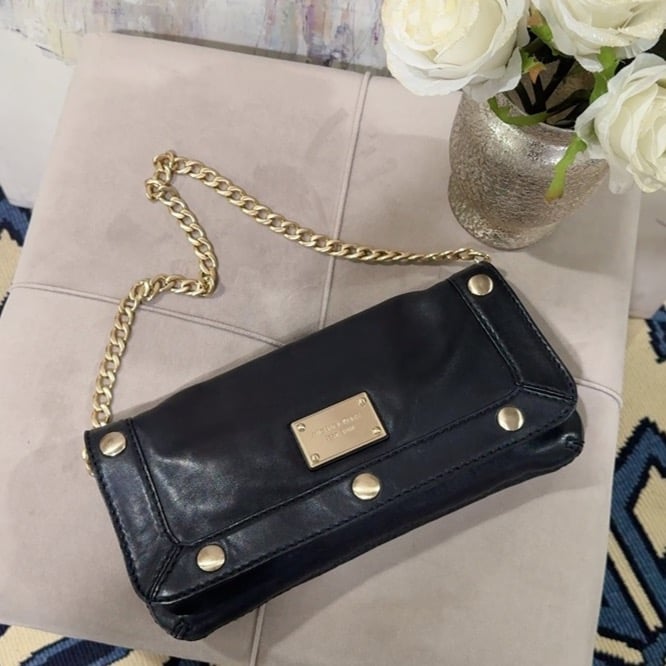 Michael Kors Women's Black Leather Gold Chain Small Purse Clutch Bag Handbag