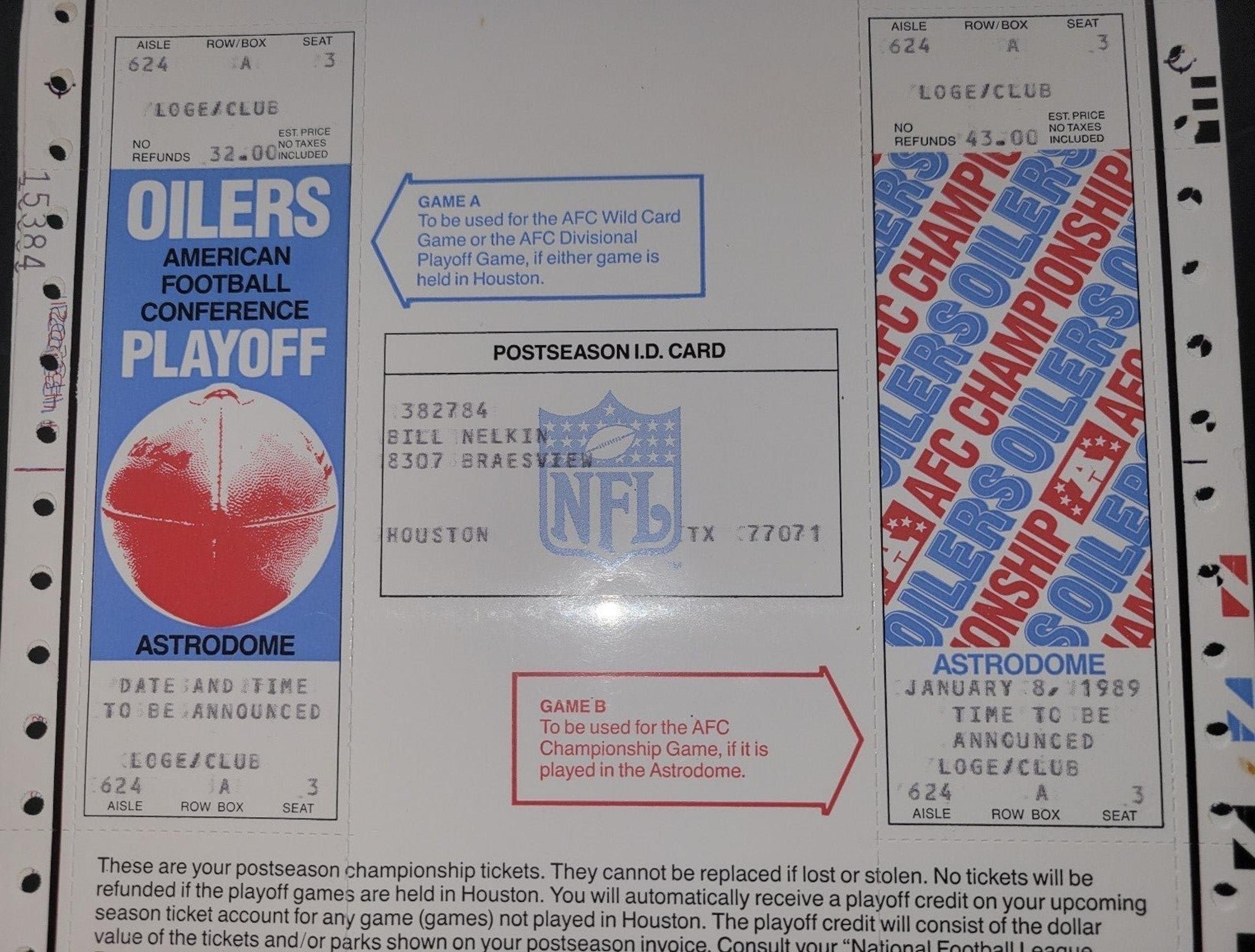 Houston Oilers AFC Jan 1989 play-off tickets