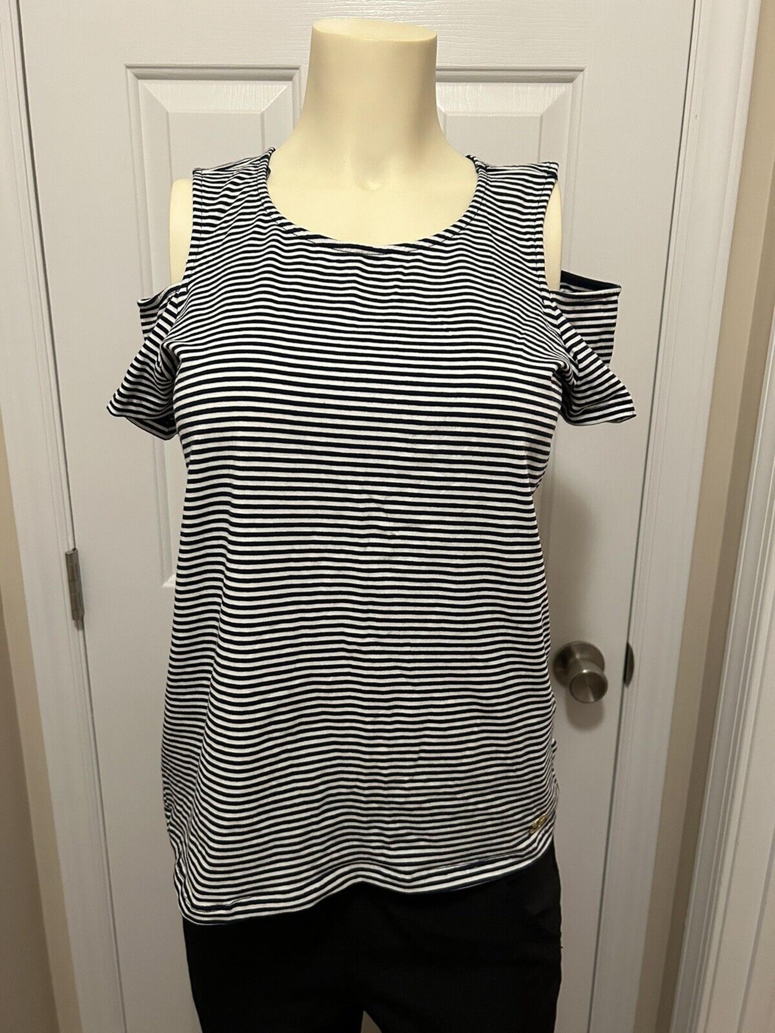 MICHAEL KORS Womens Size Small Blue White Cold Shoulder Short Sleeve Shirt Top