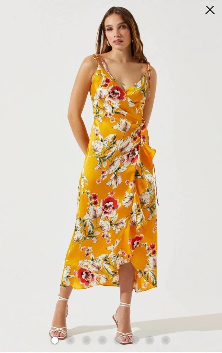 Silky satin tie floral midi dress