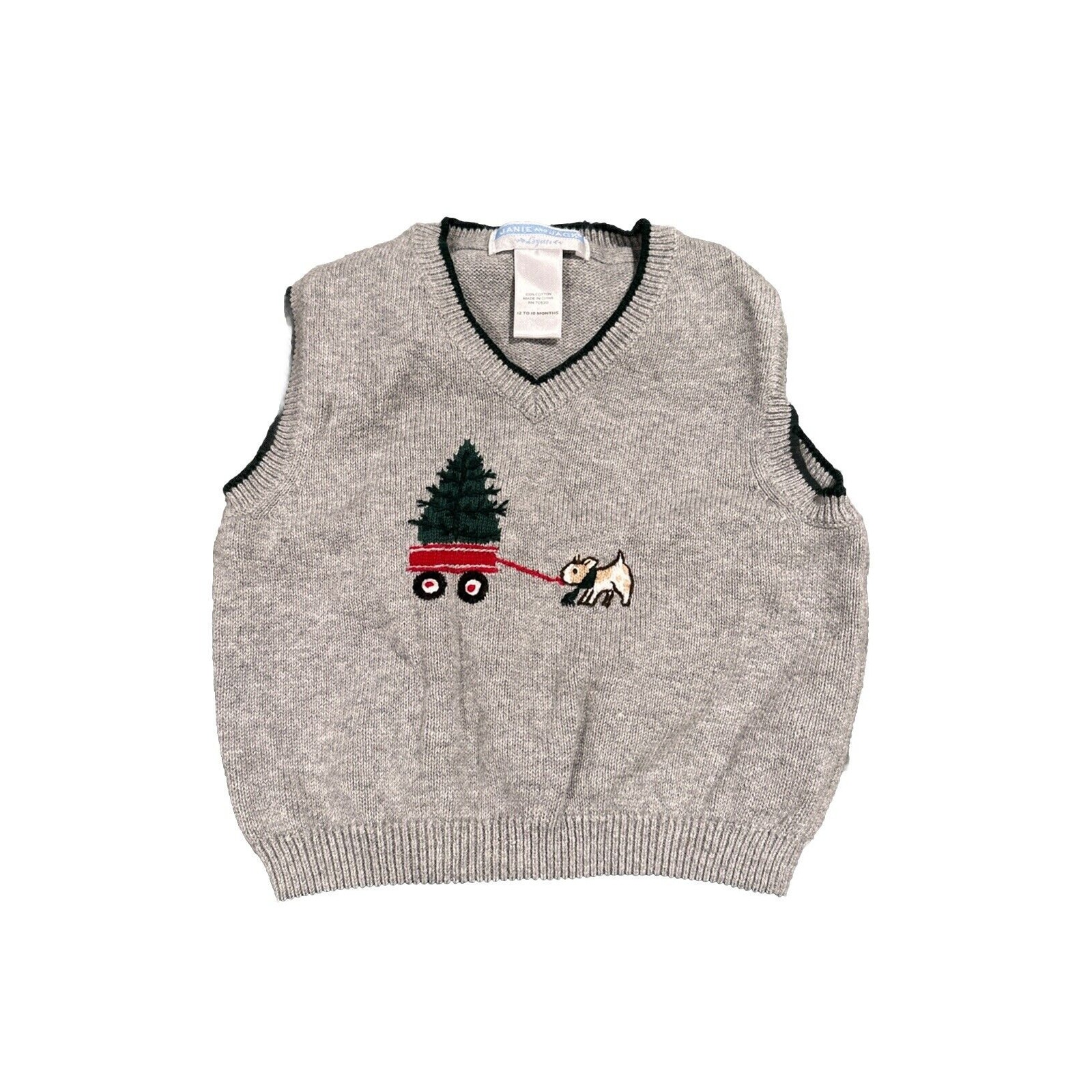 Janie and Jack Boys 12-18m Gray Green Dog Knit Sweater Vest Christmas Holiday
