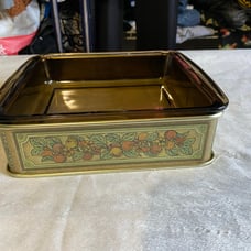 Vtg PYREX Corning 222 Glass Baking Dish w/ Decorative Metal Holder Fruit 8 x 8