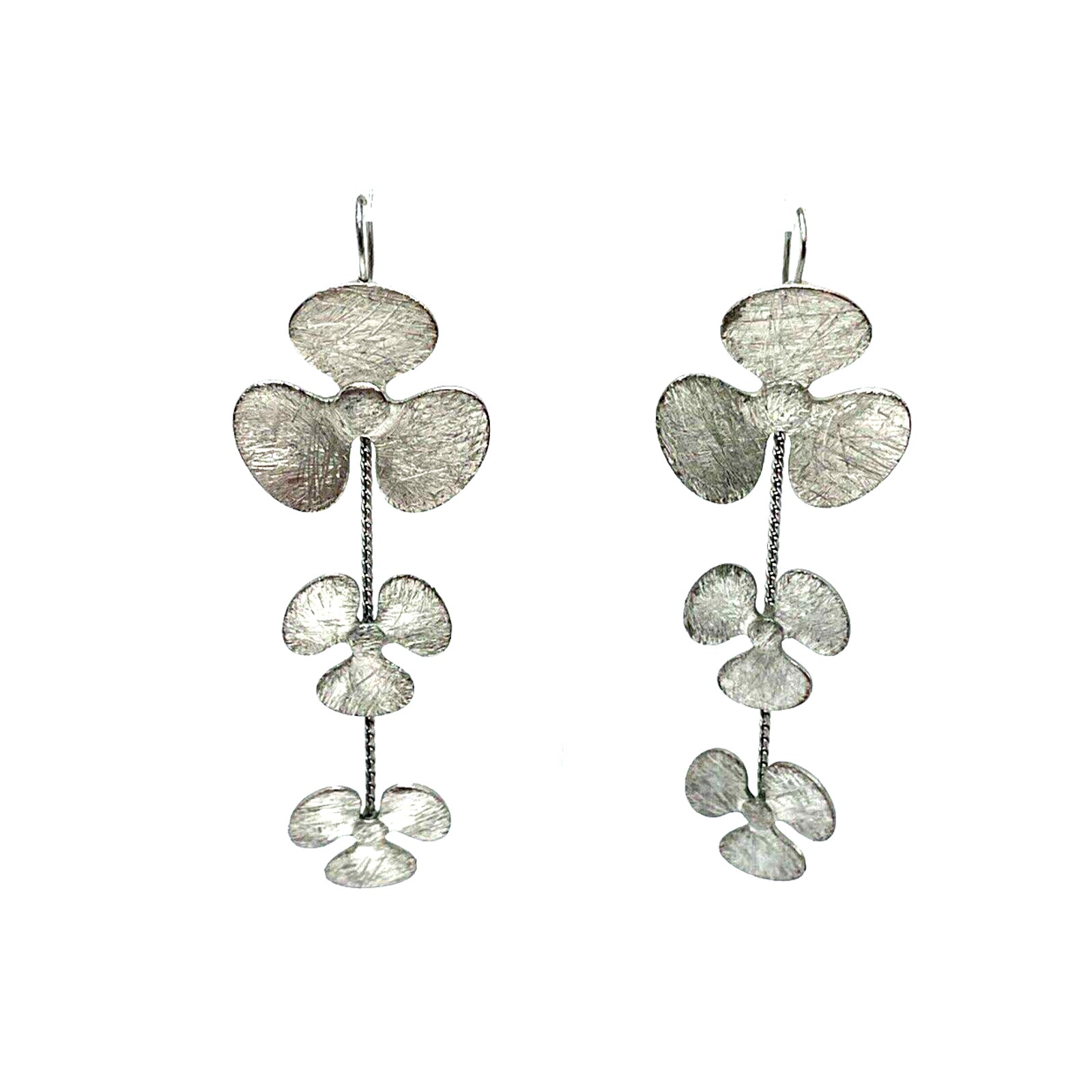 Modernist Brushed Silver Poppy Flower Illusion Earrings Dangle Statement Linear