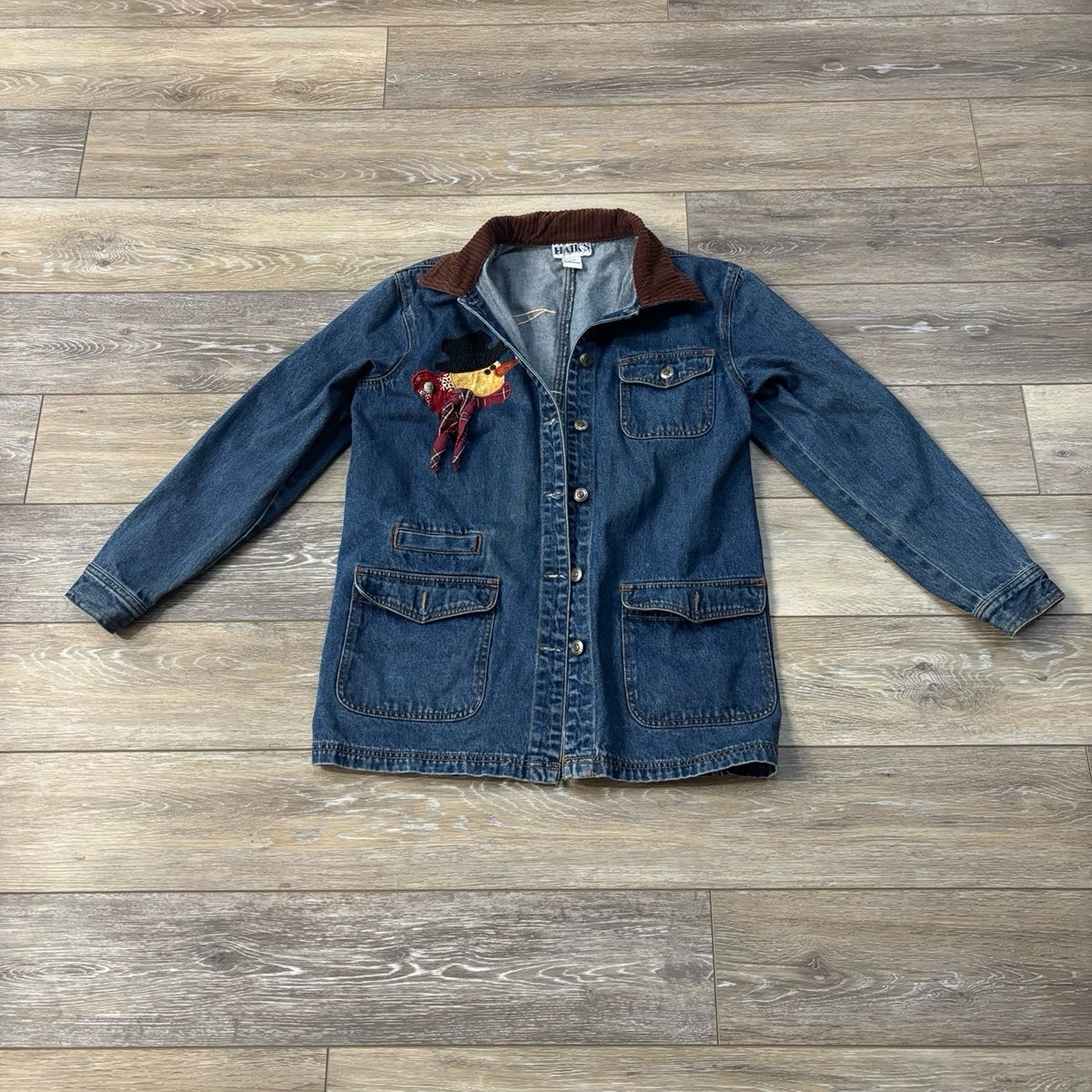 Haiks Jean Jacket Women Sz S Snowmen Patches Chore Country Winter Christmas Vtg
