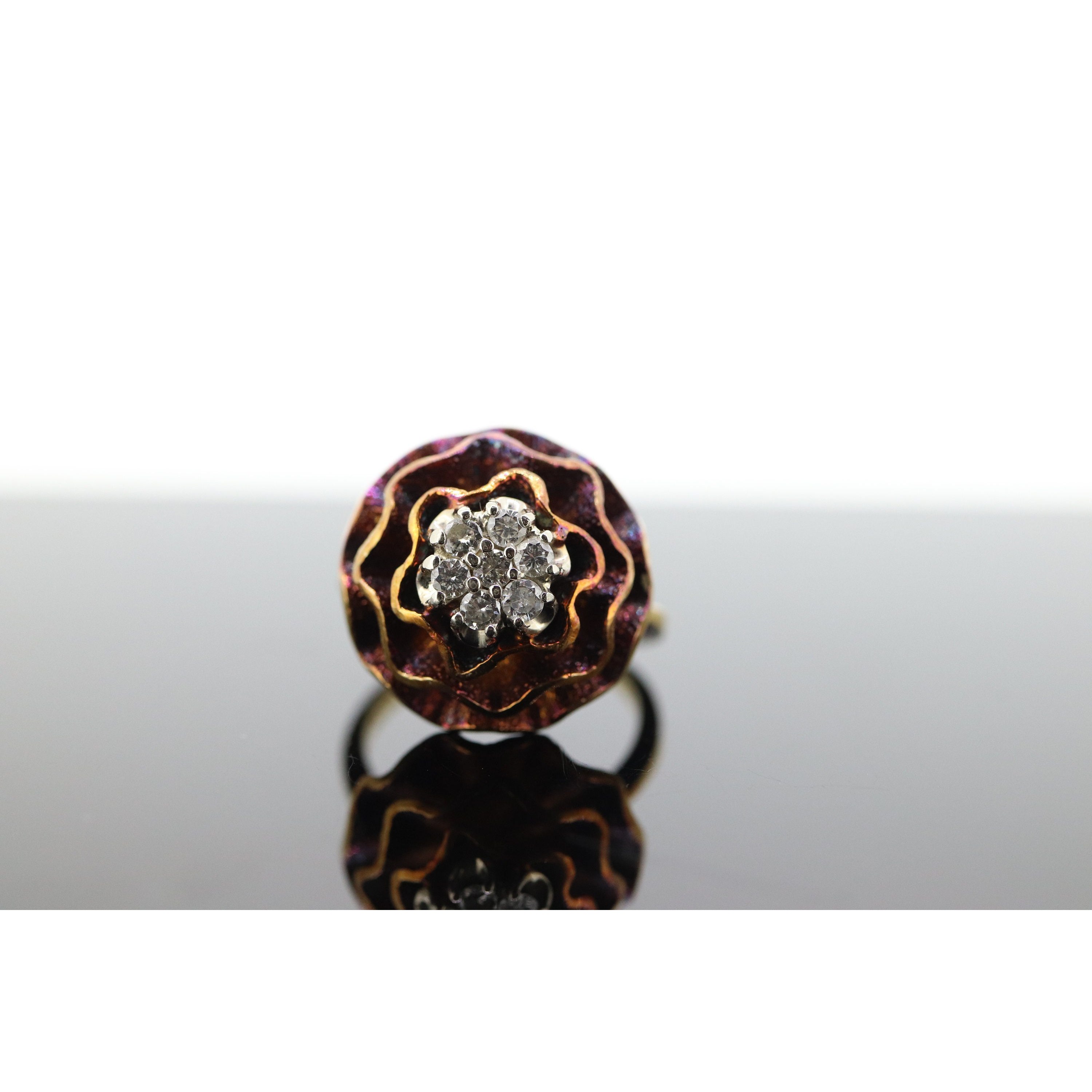 14k Diamond Daisy Flower Petal Ring. Heat bluing 14k Gold Rose Petal with diamo