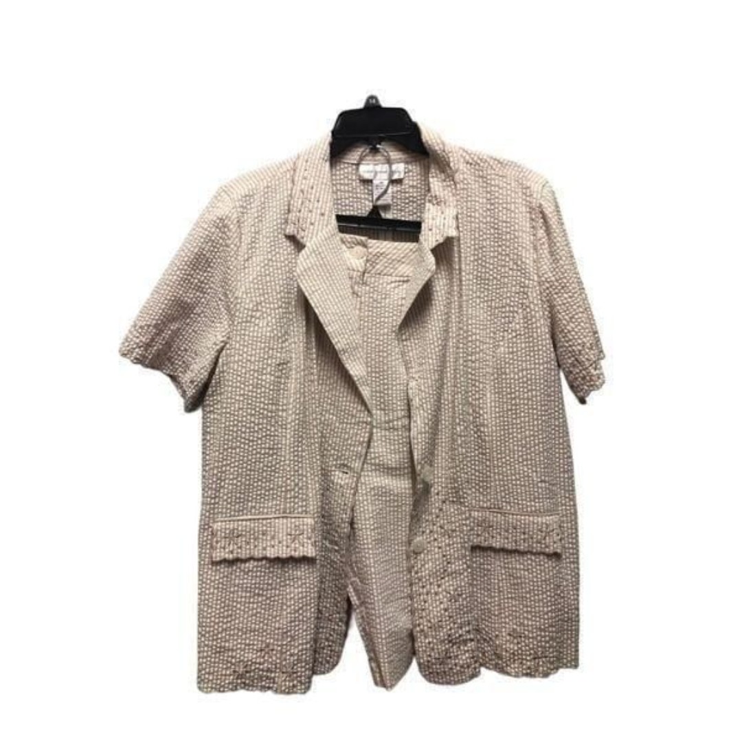 Susan Graver Women’s Jacket Shorts Set Taupe Tan Seersucker Eyelet Embroidered T