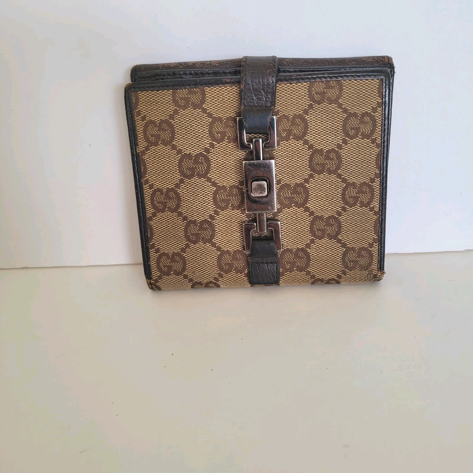 GUCCI GG Vintage Jackie Canvas Leather Wallet Monogram Bifold Medium Brown Logo