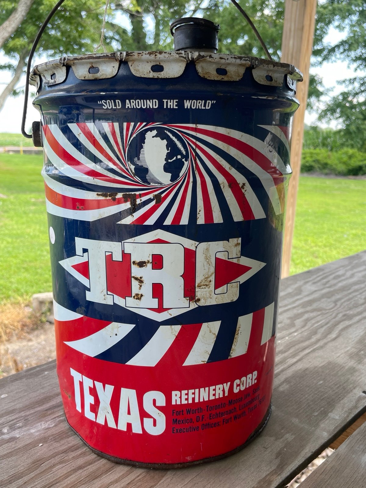 Texas Refinery Corp. 7 Gallon-Oil Can with Plastic Handle Mid Century Litho