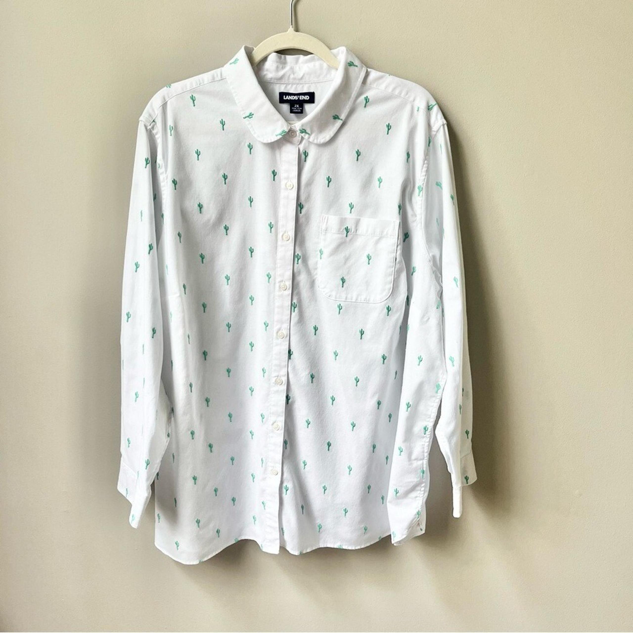 Lands' End Embroidered Cactus Shirt Women's Size 2X (20W–22W) White Green Desert