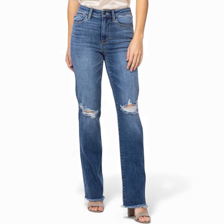 NWT JUDY BLUE HIGH WAIST DESTROYED & FRAY HEM STRAIGHT FIT JEANS