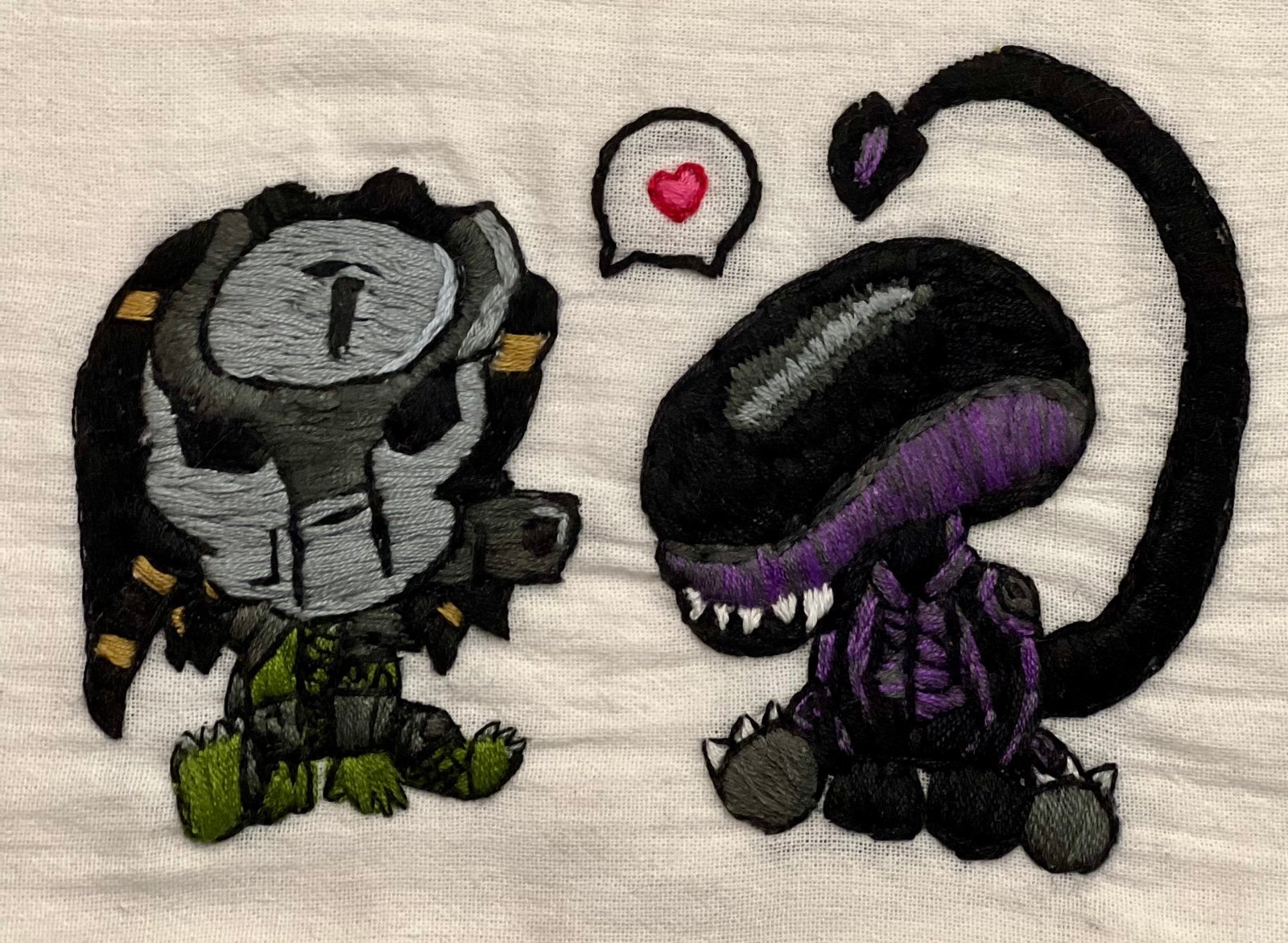 Predator vs Alien hand-embroidered flour sack dish towel