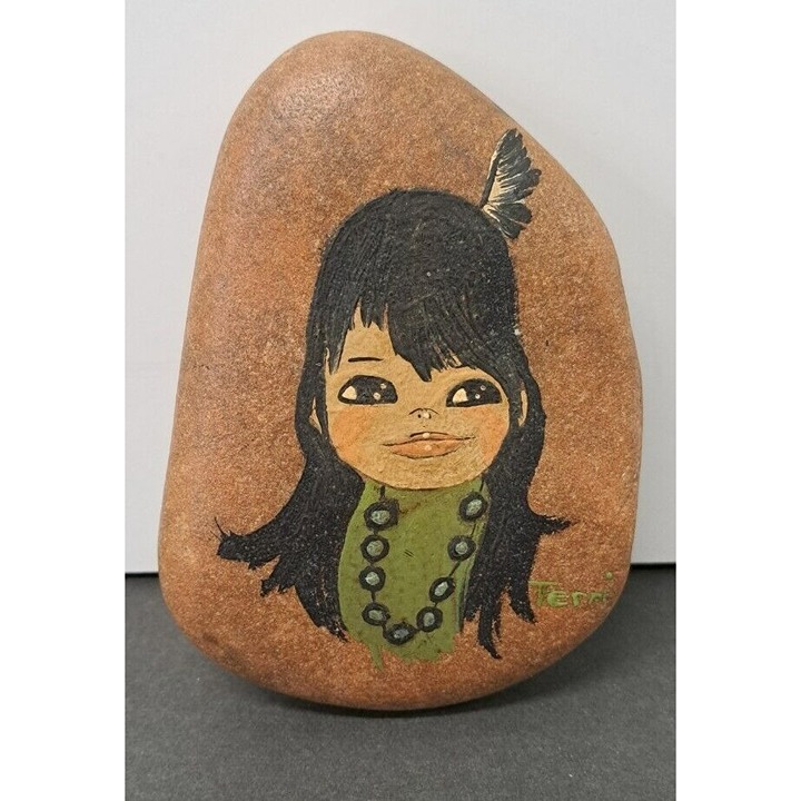 Vintage 70s Folk Art River Rock Painted Figurine Native Woman