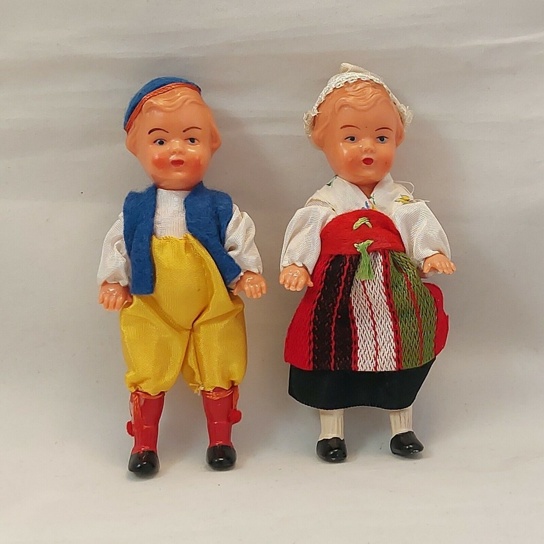 2 Vintage German Dolls Molded Hair Hard Plastic Germany Celluloid Boy and Girl