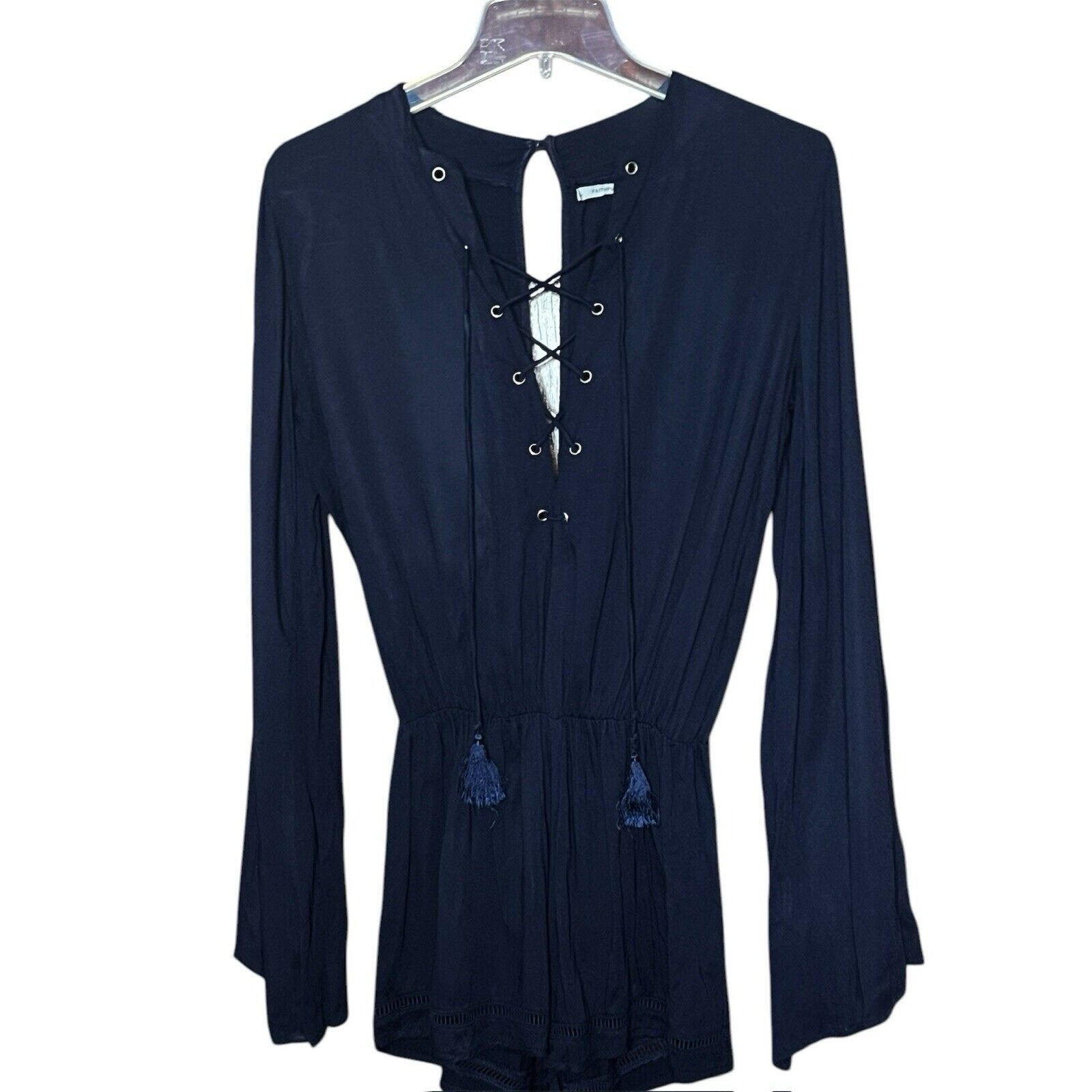 FAITHFULL THE BRAND NAVY BLUE RAYON ROMPER PLAYSUIT JUMPSUIT XS LACED NECKLINE