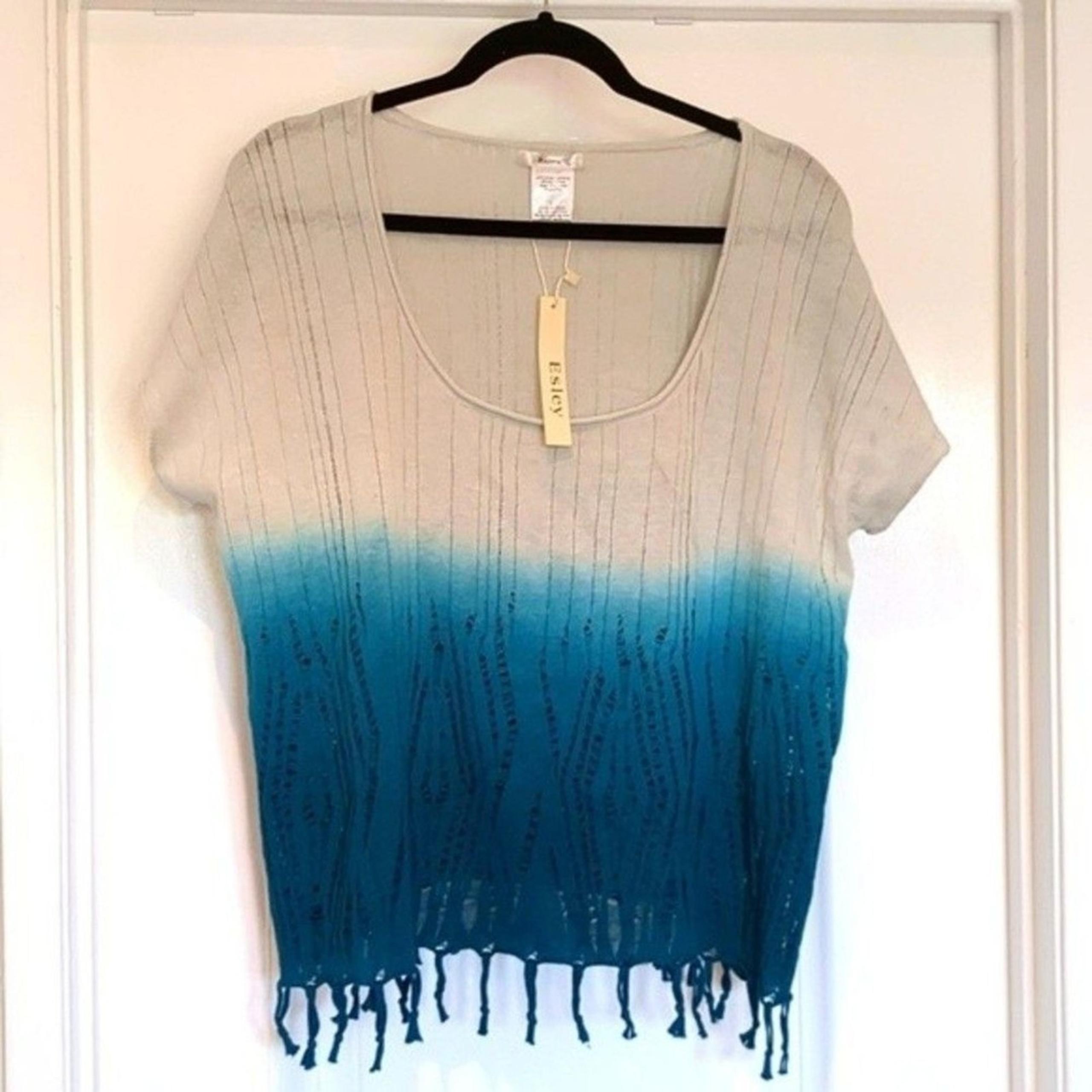 Esley Top Med Boxey Linen Blend Dolman Sleeve Fringe Tee Shirt  Casual Beach NWT