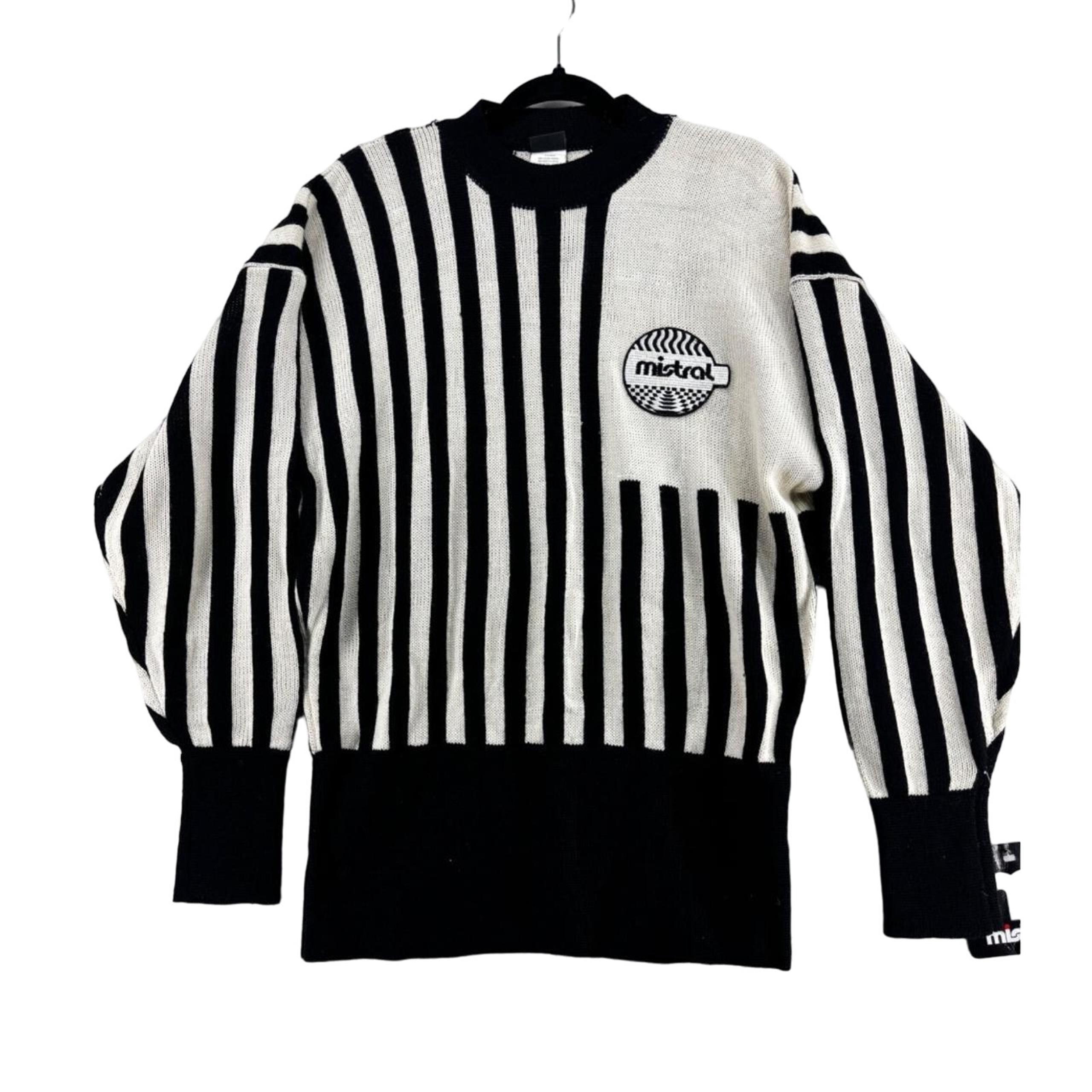 Vintage 90s Mistral black and white stripes embroidered crewneck sweater large