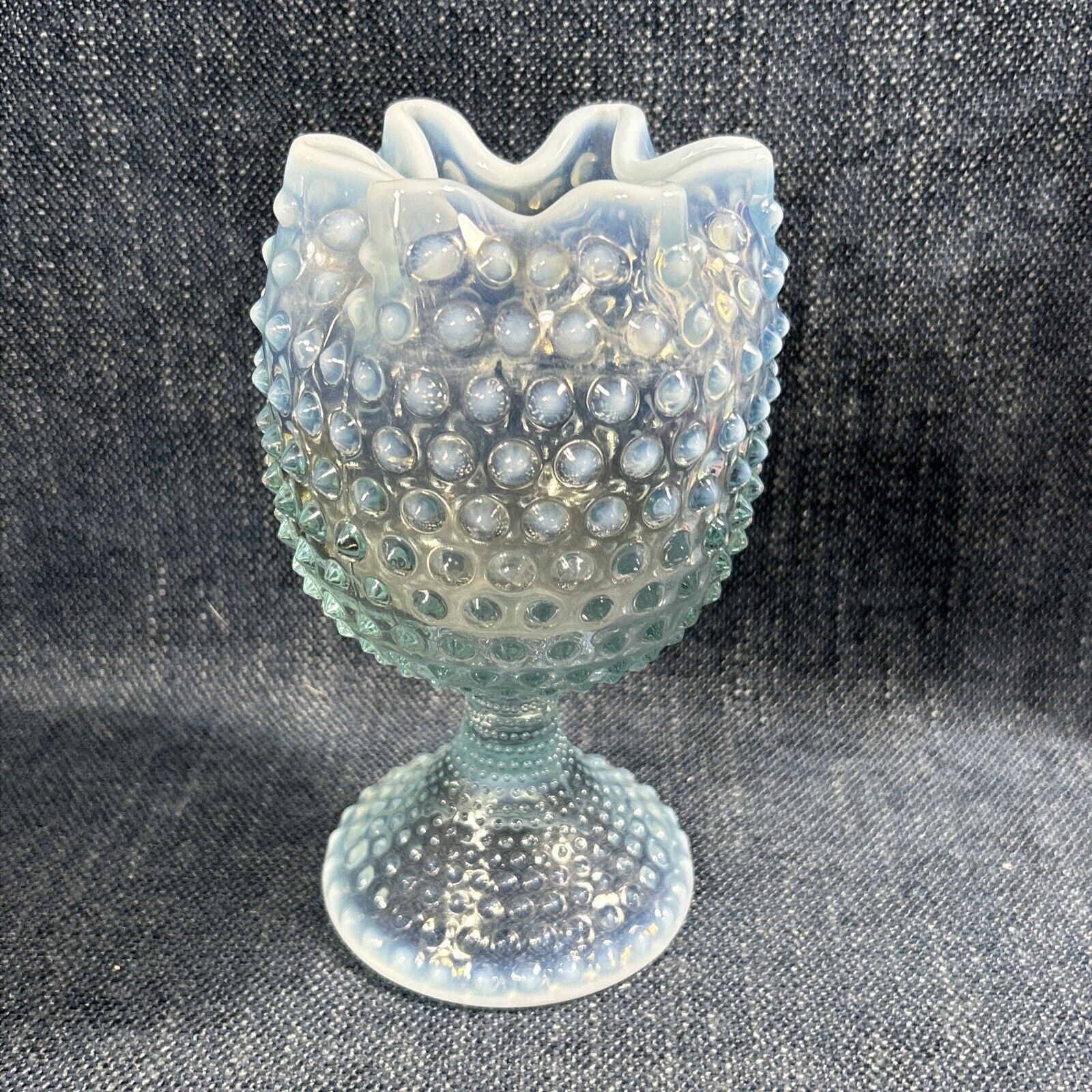 VINTAGE DUNCAN MILLER Light Blue Hobnail Opalescent Glass Pedestal Rose Vase