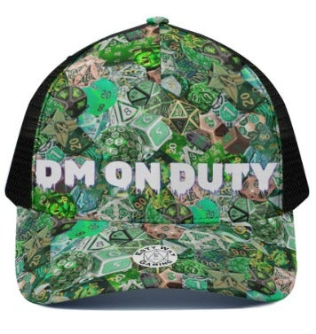 DM on Duty HAT D&D Dice collage -GREEN- Size M with adjustable back, black mesh