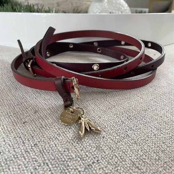 Patrizia Pepe Italian Leather Belt Gold Fly Charm Red Burgundy OSFM