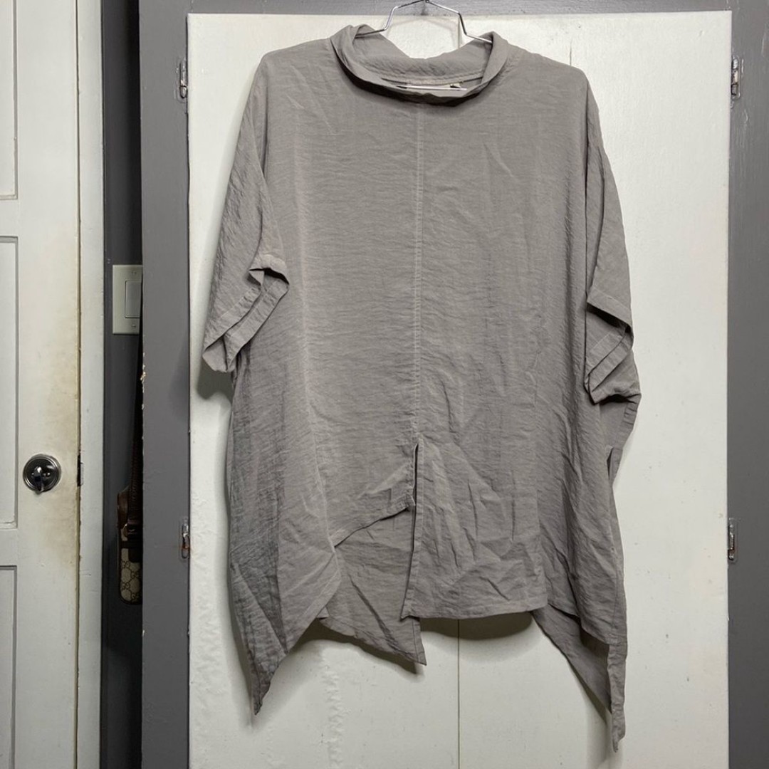 Eleven Stitch Top Womens One Size Gray Tunic Asymmetrical Short Sleeve Lagenlook