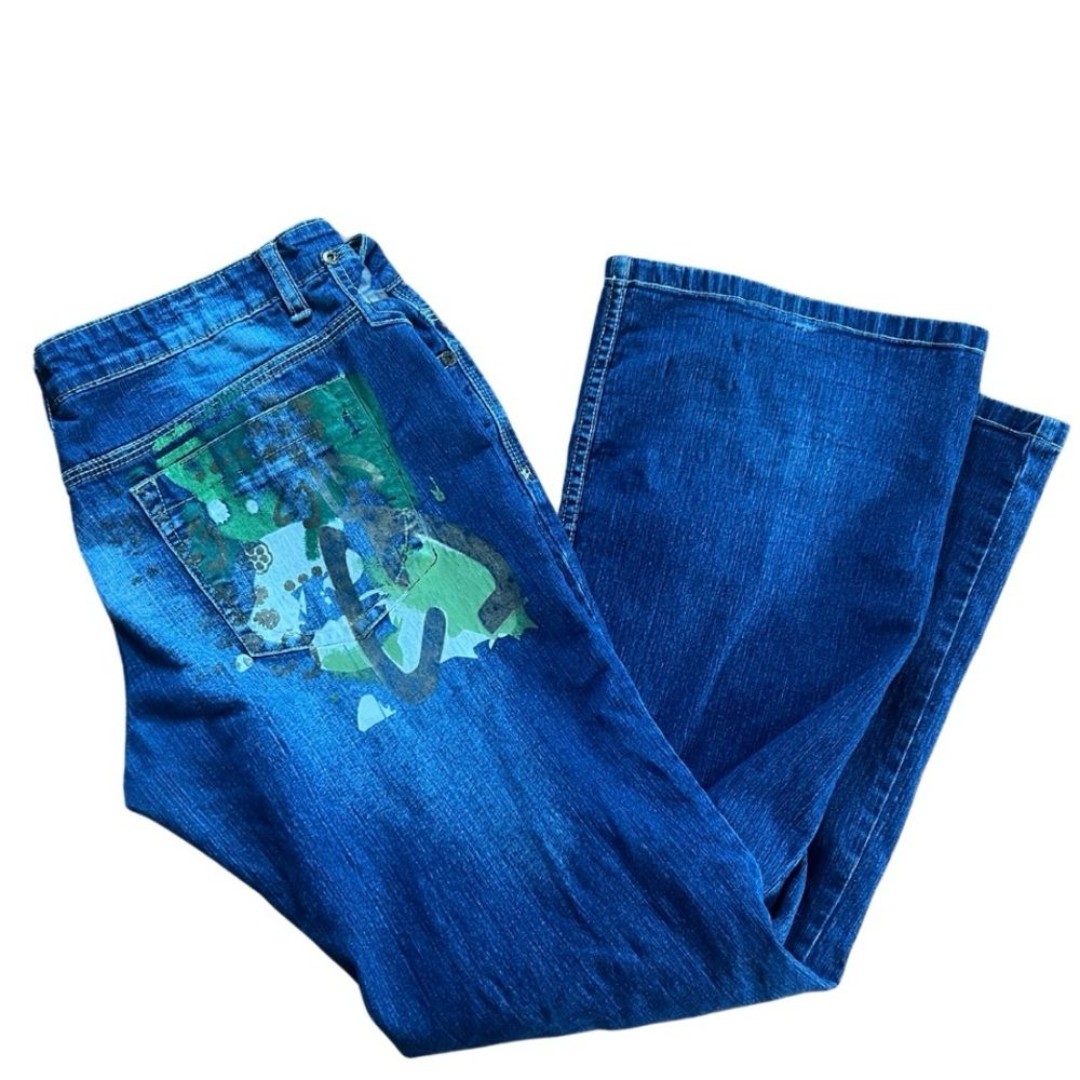 Vintage Crest Wide Leg Flared Denim Graphic Blue Jeans Size 16