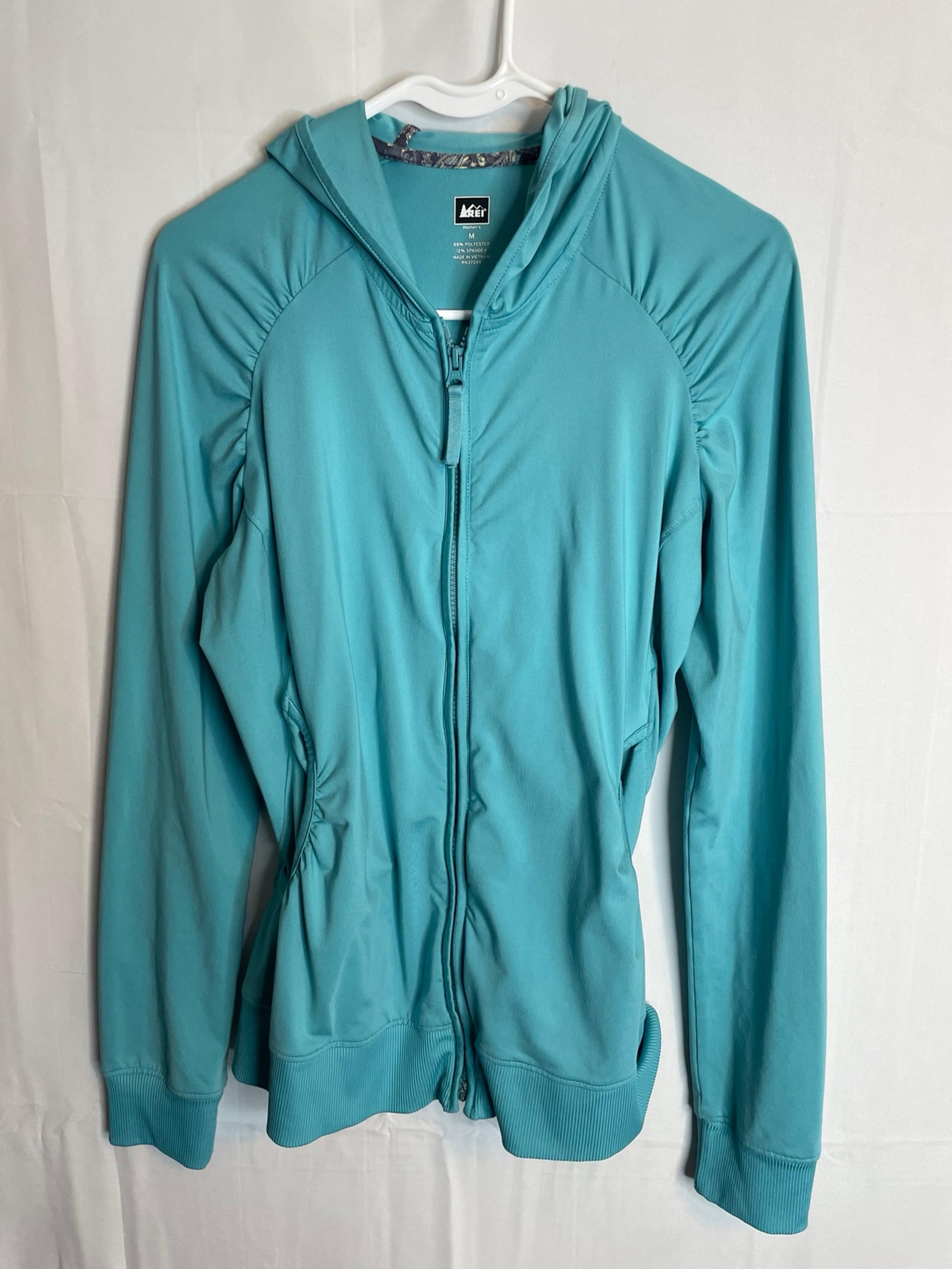 REI Women’s Size Med Zip Up Activewear Jacket Thumbs Holes Hooded Turquoise 4150
