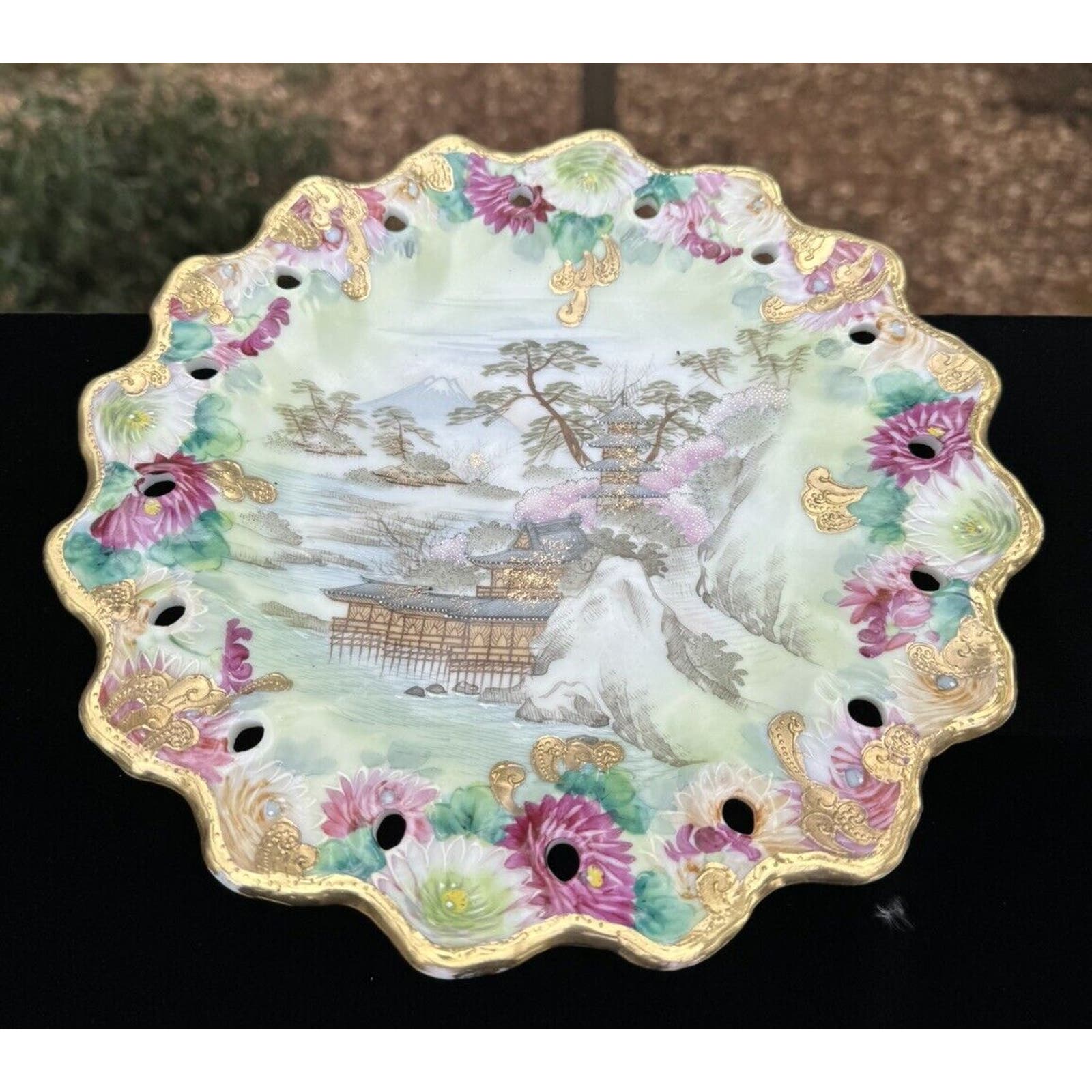 Gorgeous Nippon Japanese Mountain Scene 10 Plate Hand Painted & Beaded Gold -O2