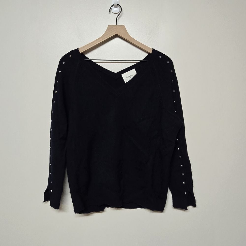 Berenice Paris Womens 100% Cashmere V Neck Studded Navy Blue Sweater Sz XS