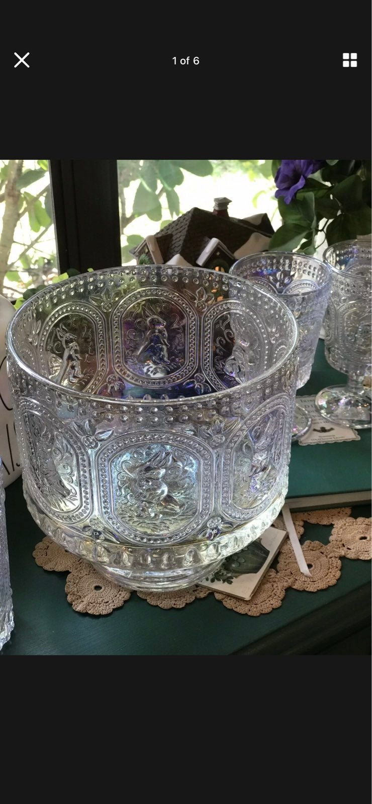 Victorian Reproduction Iridescent Footed Easter Bunny Trifle Bowl New!