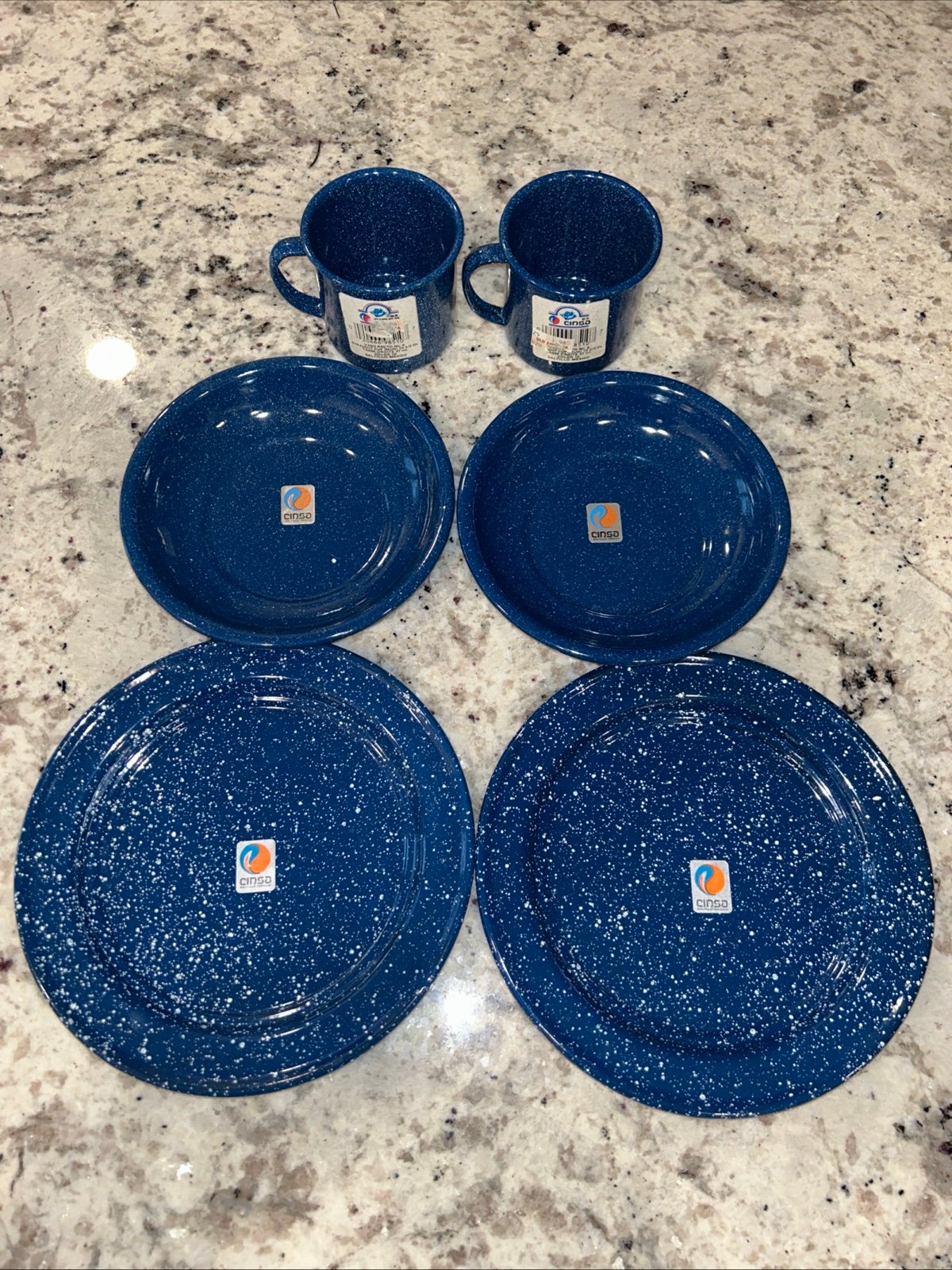 Cinsa Saltillo Blue Vintage 6 Piece Enamelware Camp 2 Plates 2 Mugs 2 Bowls NEW