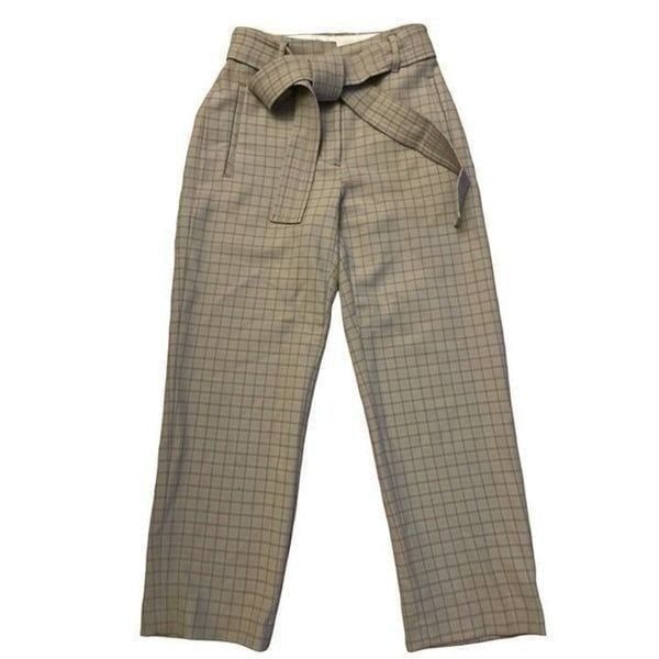 Aritzia Wilfred Tie-Front High-Waisted Wool Pants in Brown/Green Check, Size 10