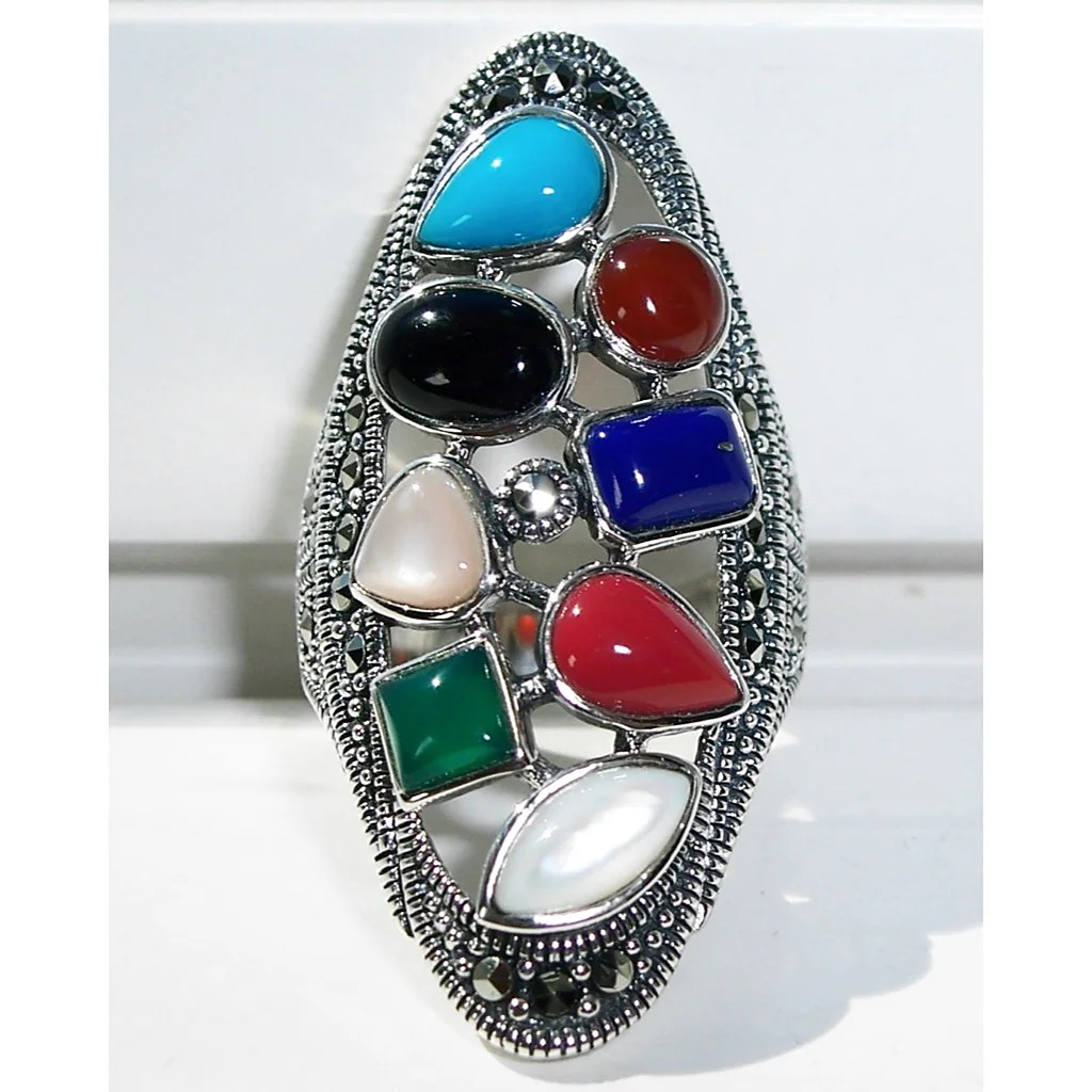 Size 8, 925 STERLING SILVER Multi Gemstone Marcasite Ring