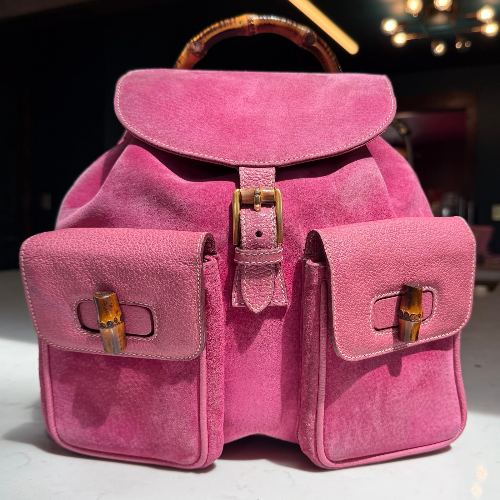 Vintage Gucci Bamboo Backpack with Pink Suede and Leather