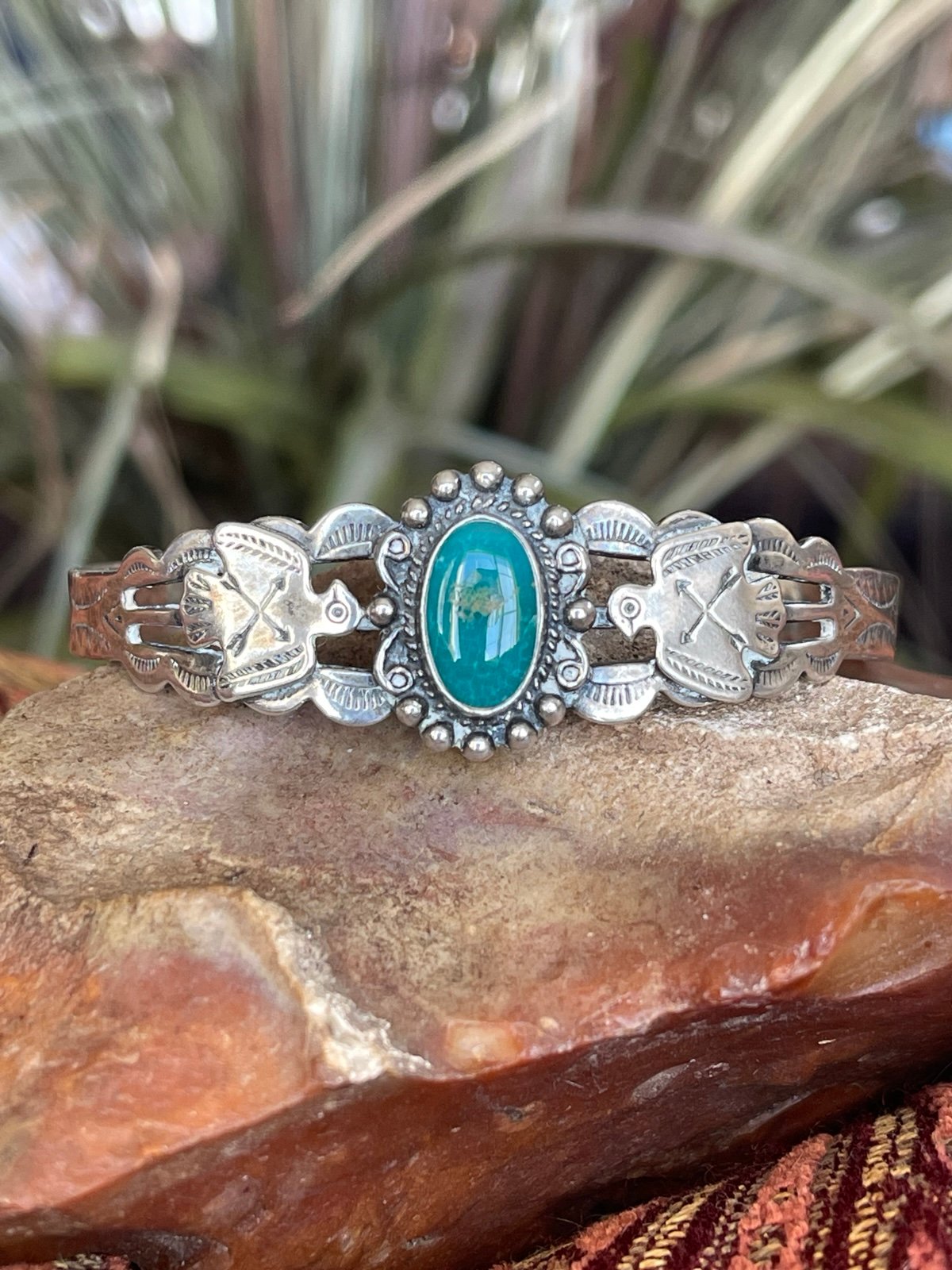 Vintage Sterling Turquoise Harvey Era Thunderbird Cuff Bracelet